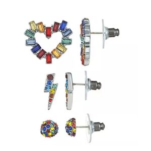 Simply Vera Wang Crystal Heart Lightning Bolt Rainbow Stud Earring Set Gift NWT
